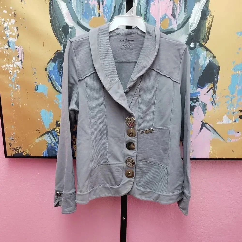 Neon Buddha Gray Knit Shawl Collar Jacket w/Funky Button Detail